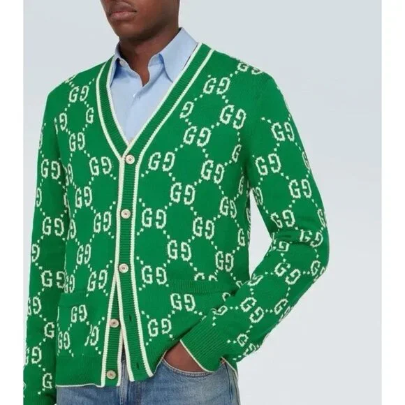 NWT Gucci Logo Intarsia Monogrammed Cardigan Sz M Green GG - Picture 2 of 8